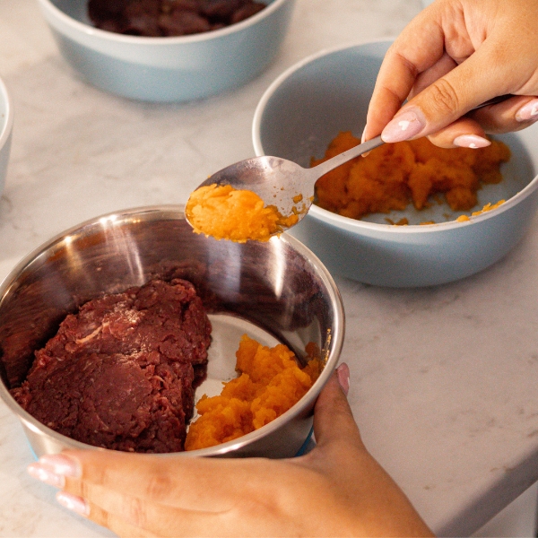 raw dog food bieng prepared with butternut and meat