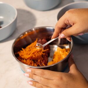 raw dog food being prepared in a bowl with carrots
